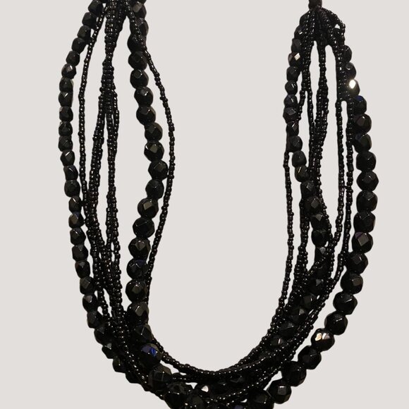 Necklace Glass 8 Multi Strand Size Black Seed Beaded Faceted Larger Hoop Clasp - Picture 5 of 7